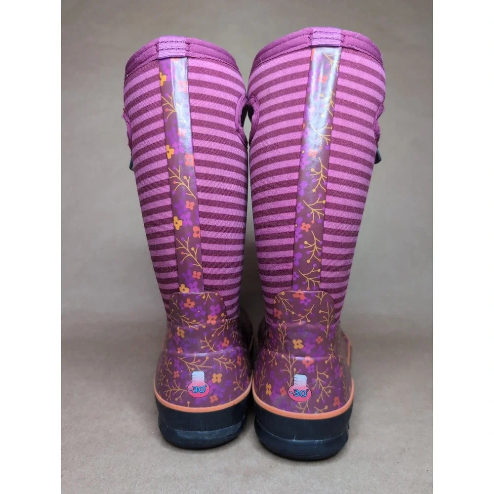 Bogs Youth 5 Winter Boots Pink Orange Stripes Flowers Waterproof Snow Pull On